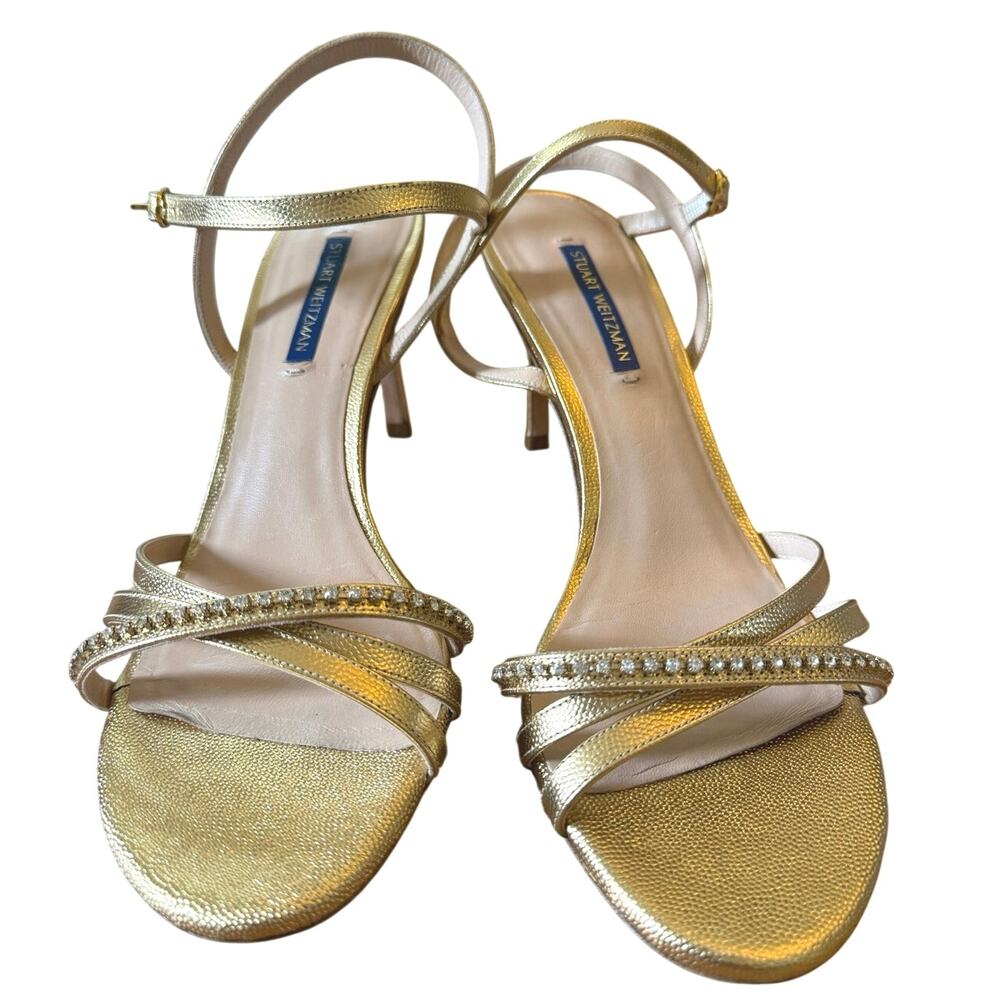 Stuart Weitzman Dressy Rhinestone Accent Wrap Sandal 3 1/2 Heel in Gold 10 VGUC